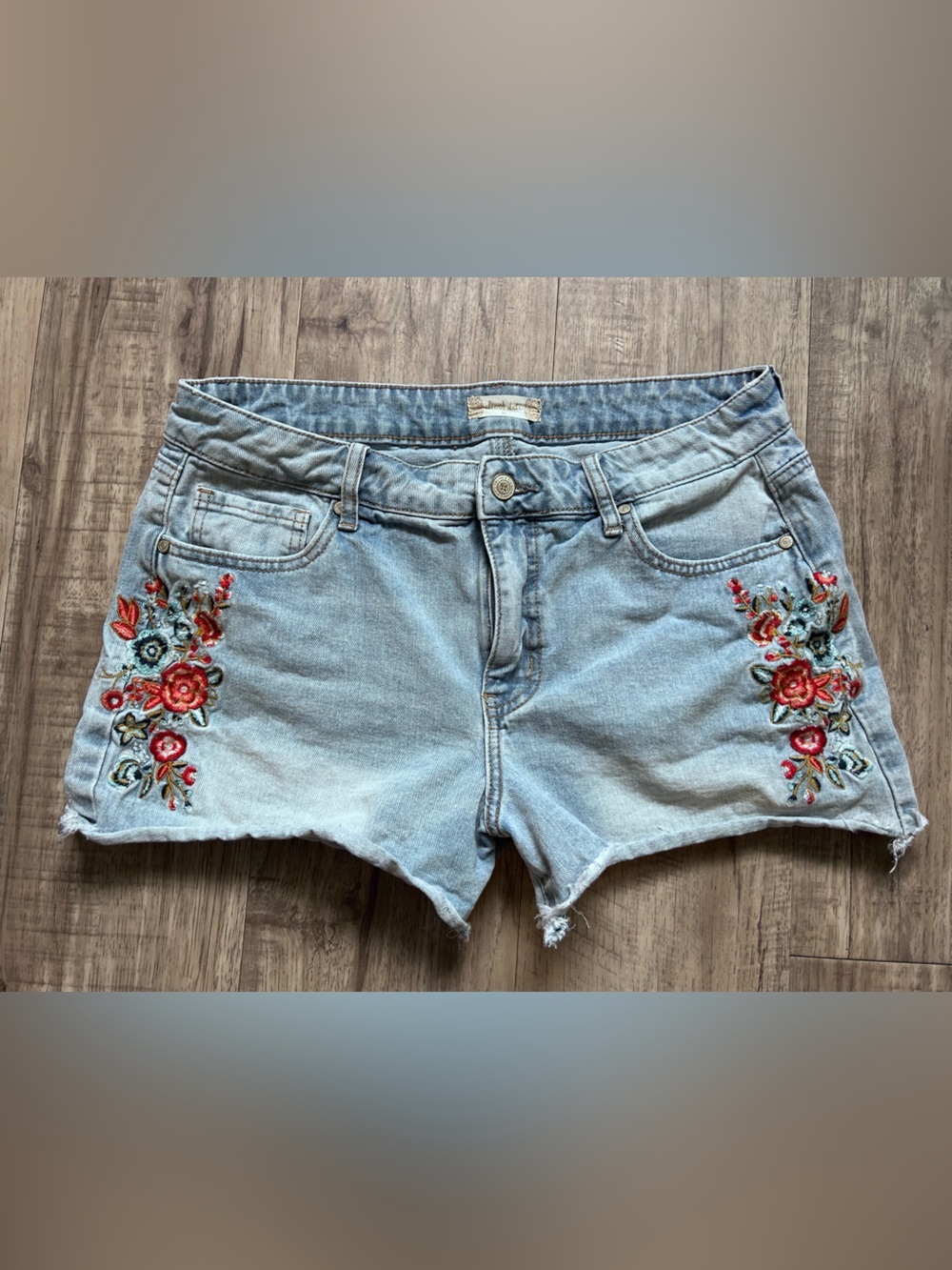 Altar'd State Light Blue Denim Shorts with Red Floral Embroidery boho beachy